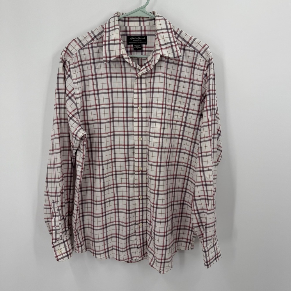 Eddie Bauer Mens Classic Fit Stain Resistant Plaid Long Sleeve Button Up Shirt M